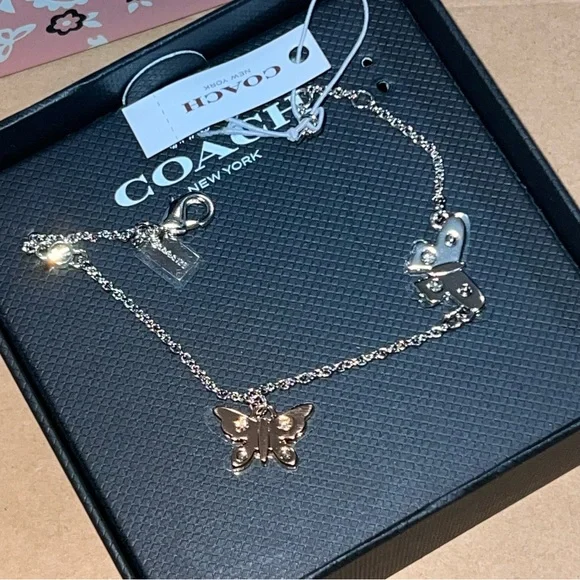 NIB Coach Butterfly Charm Bracelet Silver Rose Gold Crystal Two Tone F86795 Gift - Picture 3 of 5